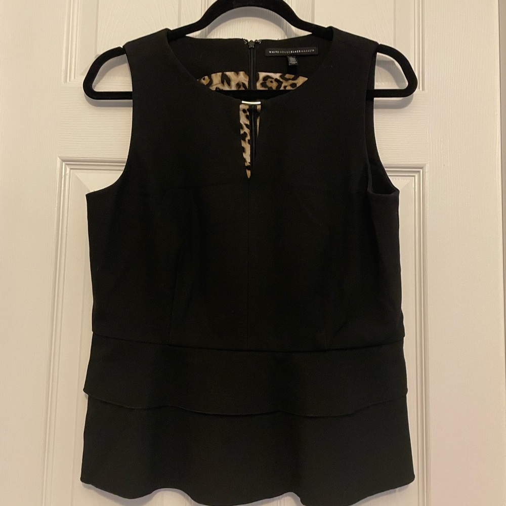 White House Black Market Black Sleeveless Peplum Top with Animal Print Detail